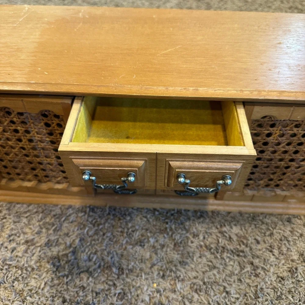 Vintage MCM London Leather Wood Jewelry Box 8 Drawers Cane Doors Armoire READ